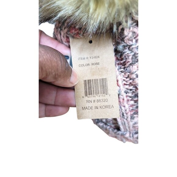 C.C. Beanie Pom Pom Hat - Rose Knit - Faux Fur Pom - Unisex Winter Accessory - Picture 6 of 10